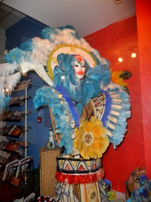 It looks like a combination of a Mardi Gras mask and Native American clothing with war feathers!