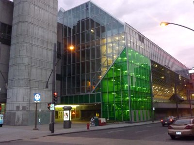 Colorful green faade of the Palais des Congrs de Montral.