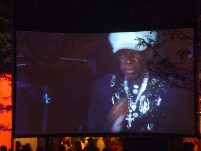 The Reggae singers were shown on huge monitors since the stage was so far away.