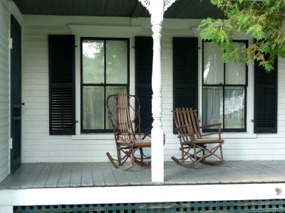 Comfortable rocking chairs on the front porch of the Coolidge Homestead.