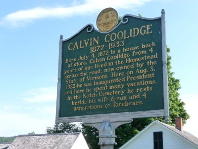 Sign as you enter the Calvin Coolidge State Historic Site describing Calvin Coolidge.