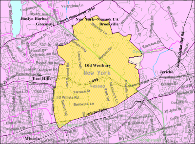 Map showing Old Westbury, which is located on Long Island in New York.