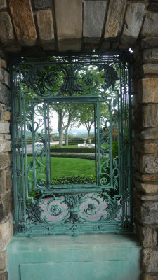 Elaborate ironwork design from the southern terrace looking east where the front of the mansion is.