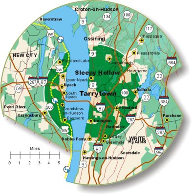 Map of the Hudson Valley showing Sleepy Hollow.