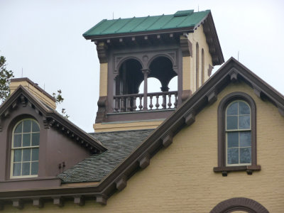 Close-up of the the 4-1/2 story Italianate tower added by the architect, Upjohn.