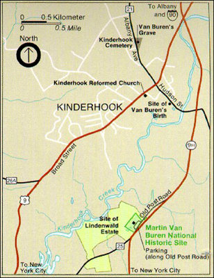Map of Kinderhook, NY showing the location of Martin Van Buren's house, Lindenwald.