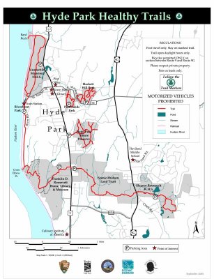 Map of Hyde Park, NY showing Franklin Roosevelt's home, library and museum.