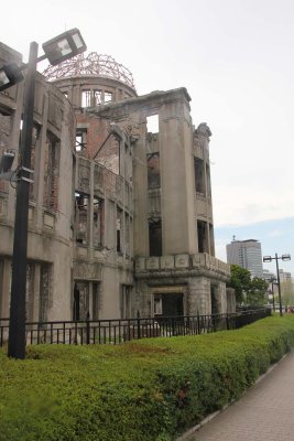 Side view of the A-Bomb Dome. Because the bomb blast was almost directly above the dome, some of the walls remained standing.