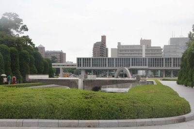 View of the main building of Hiroshima Peace Memorial Museum, which is dedicated to educating visitors about the bomb.