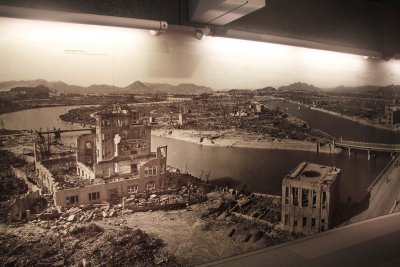 Photo showing the devastation in Hiroshima, including the remains of Prefecture Industrial Promotion Hall (now the A-bomb Dome).