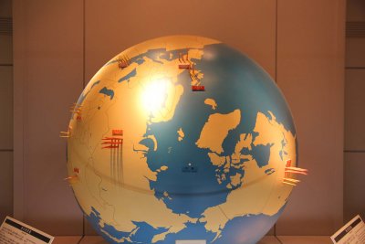 Since WWII, Japan has been a non-nuclear country. This globe in the museum shows all the world countries with nuclear weapons.