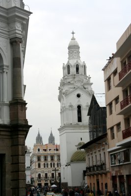 Side view of the steeple of Metropolitan Cathedral from Garcia Moreno Street in Quito.