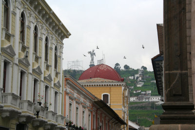 View from San Francisco Plaza looking up at El Panecillo (the Virgin of Quito monument).
