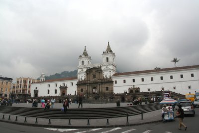View of San Francisco Plaza with San Francisco Church in the background (the most imposing of Quito's architectural monuments).