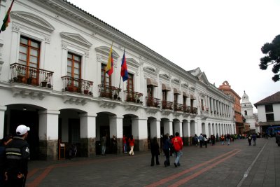 View of the arched colonnade of the Archbishop's Palace in Plaza de la Independencia.
