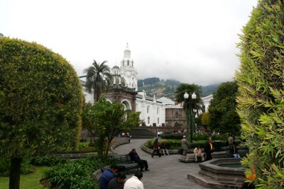 Pedestrians sitting on park benches in Plaza Grande with Metropolitan Cathedral in the background.