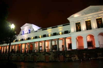 The Presidential Palace seen at night from Plaza de la Independencia.
