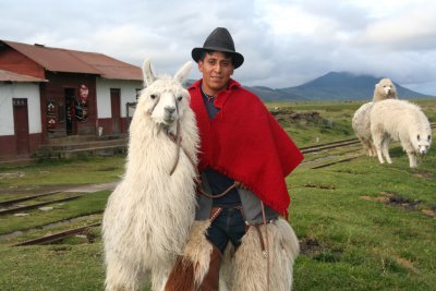 This Ecuadorian man in alpaca chaps posed with an alpaca.