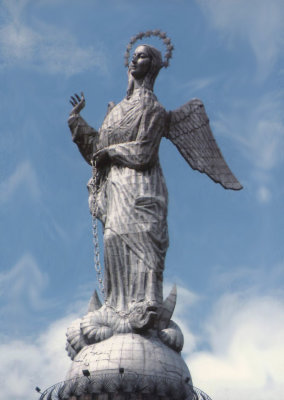 Close-up of El Panecillo. The Spanish artist Agustín of the Herrán Matorras made this aluminum monument in 1976.