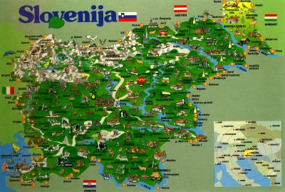 Slovenian map showing Predjamski Castle, the Postojna Caves and the Lipica horse stables all to the southwest of Ljubljana.
