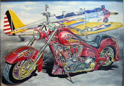 Red Bike and Plane 352F McCormick Sale 900.00 Rent 22.50 30 x 42 Acrylic.jpg