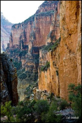Hikers dwarfed by canyon wall.