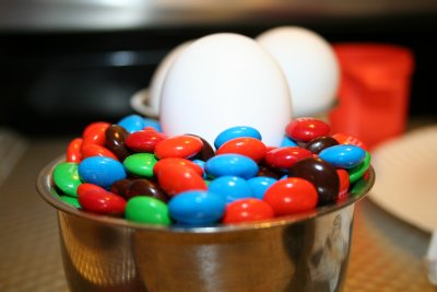 A Dish of M & M's makes a Good Egg Holder  :*)