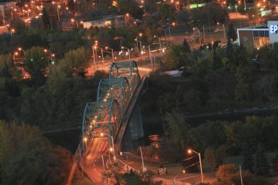 View of the Low Level  Bridge crossing the river at dusk