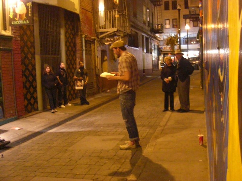 Poetry reading in Jack Kerouac Alley, San Francisco, unsteady  handheld 1/8th sec
