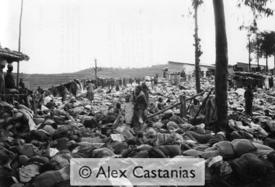 Kibeho:  Between 450 and 600 dead bodies lay at the entrance of the UN peacekeepers camp.  Most of the victims died of suffocation while others were killed by machetes or gunfire. Bodies were stacked one meter high, so rescue workers had to walk over them to penetrate the camp.

Kibeho:  Il y a entre 450 et 600 morts devant l'entre du camp militaire de l'ONU.  La majorit est morte par touffement, d'autres par balles et le reste par machettes.  Il y avait une hauteur de presque un mtre de cadavres sur lequelles l'aide venu de l'extrieur devait marcher pour rentrer dans le camp.