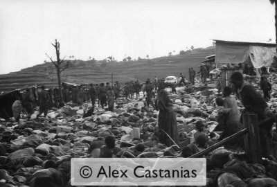 Kibeho: Between 450 and 600 dead bodies lay at the entrance of the UN peacekeepers camp. Most of the victims died of suffocation while others were killed by machetes or gunfire. Bodies were stacked one meter high, so rescue workers had to walk over them to penetrate the camp.
Kibeho: Il y a entre 450 et 600 morts devant l'entrée du camp militaire de l'ONU. La majorité est morte par étouffement, d'autres par balles et le reste par machettes. Il y avait une hauteur de presque un mètre de cadavres sur lequelles l'aide venu de l'extérieur devait marcher pour rentrer dans le camp.