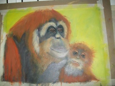 This oil painting is done by my niece Hannah who is 11 yrs old. This is her first oil painting and she has no more yet.    
It took her about eight days to paint; however the picture is not finished.  She got very frustrated and her granny Betty who is an artist told her to leave it as it is.  Not to try and make it perfect.  I think she caught the look in the eyes of the subjects - they look so real.  Don't know if she will continue, I suspect she will when she gets older.  