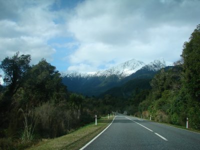 Eastern South Island Road -Ice cap Alps background