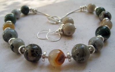 ocean jasper, Myconos and sterling silver necklace and earrings