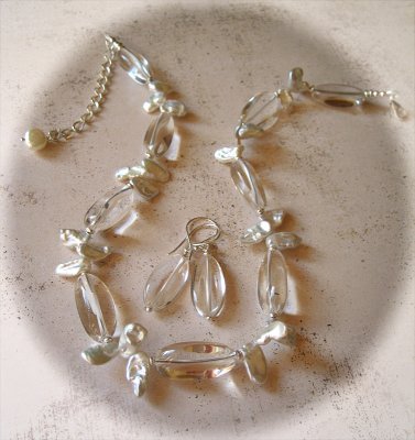 crystal quartz, keishi pearls and sterling silver necklace and earrings