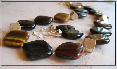 Blue, red and brown tiger eye and Thai silver necklace and earrings