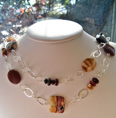 red opalite, mookite (australian jasper) and sterling silver long necklace