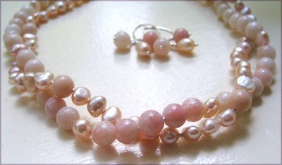 Natural rose quartz, freshwater pearls and sterling silver necklace and earrings