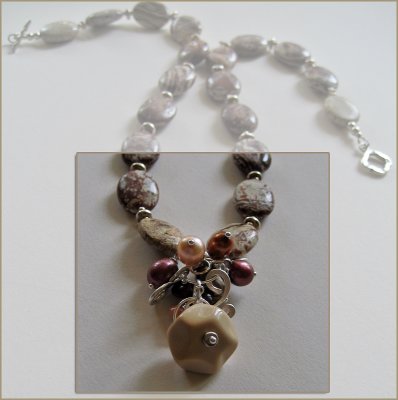 Surreal jasper and Thai silver with gemstone, pearl and sterling silver pendant