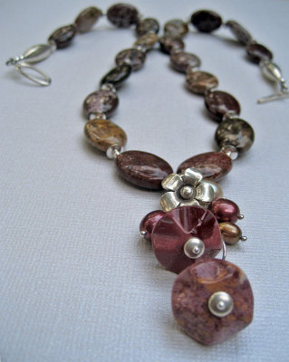 Flower jasper and sterling silver necklace with gemstone, pearls and Thai silver pendant