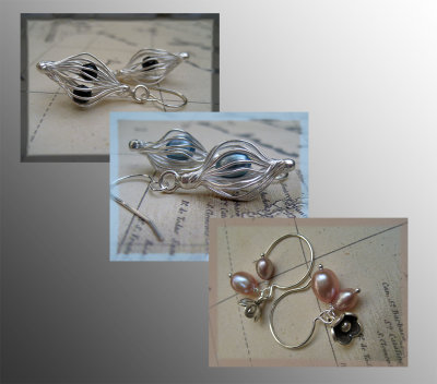 Karen Hill Tribe silver earrings with black onyx (top) and freshwater pearls