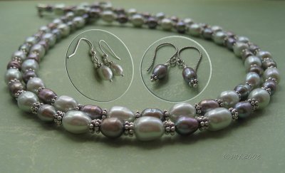 freshwater pearls and Bali sterling silver necklace and earrings