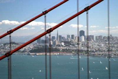 Downtown San Francisco thru the Golden Gate Bridge Cables