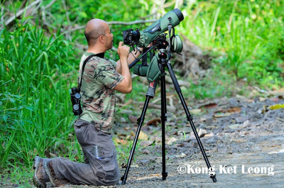 Ku Kok On on his knee with his Nikon 82 Field Scope  begging the target bird not to fly off!