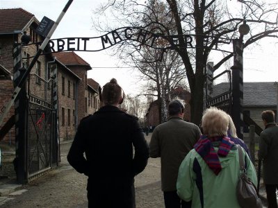 Auschwitz - 'Arbeit Macht Frei' - 'Work makes you free' - we all walked in just as newcomers would have done in 1942