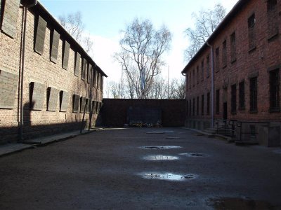 Auschwitz, block 11, the death block on the right and the death wall