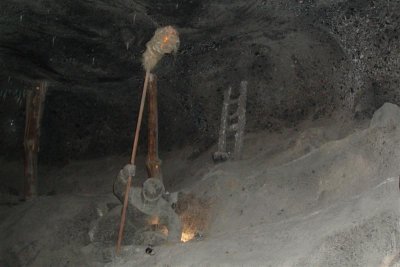 Salt Mine - models cut from salt - detecting methane with lit torches