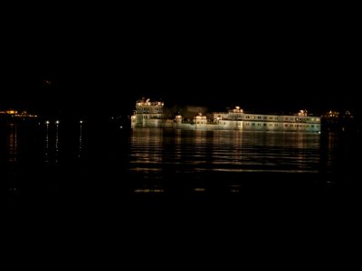 Approaching the Lake Palace via stealth boat