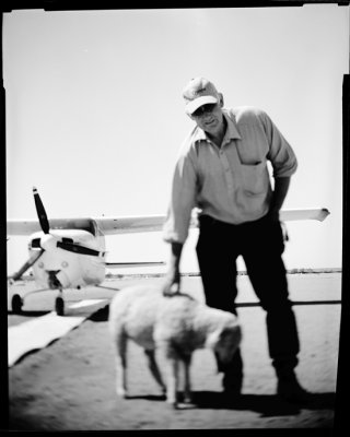 Trevor; Bush Pilot and his pet sheep dinner, Williams Creek.jpg