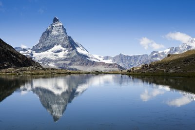 Riffelsee Lake reflecting the Matterhorn.